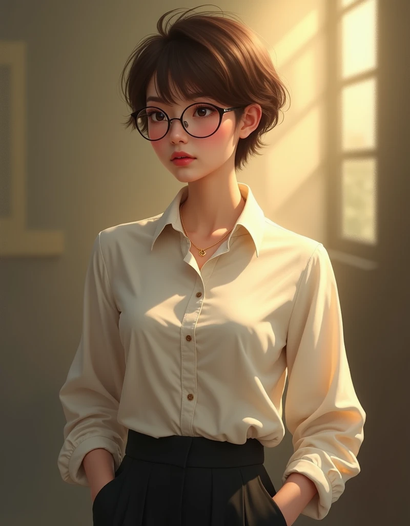 Realistic, beautiful woman pixie cut brown hair wearing eyeglasses , white shirt and black pants,, smokey light yellow on the background