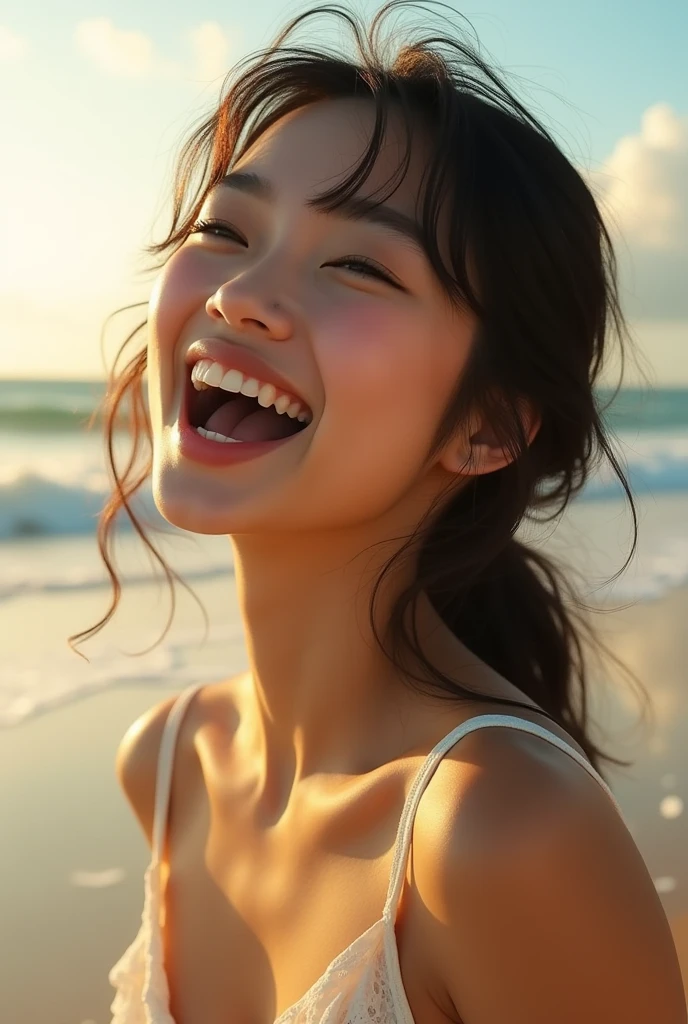 extremely quality photo, sharp focus, epic realism, realisitic, source_photo, proper alignment, young Korean celebrity, (Jennie:1.4),orgasmi climax,at beach