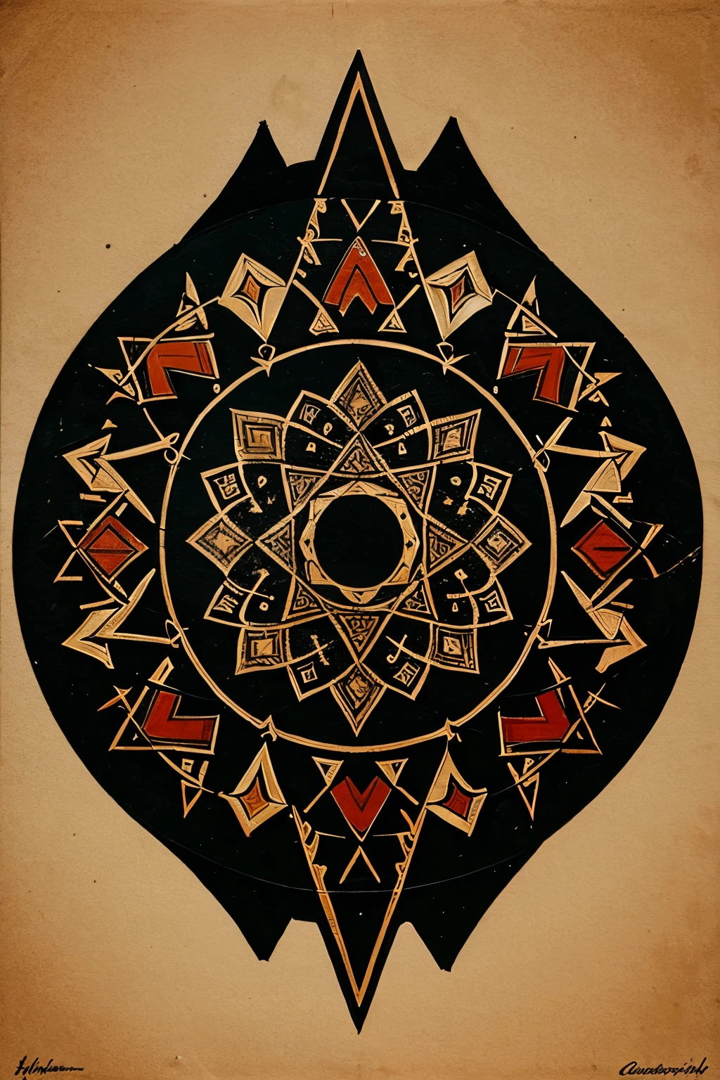 Draw me a tsihrt with shapes of Turkish shamanism that dominates the old Turkish patterns