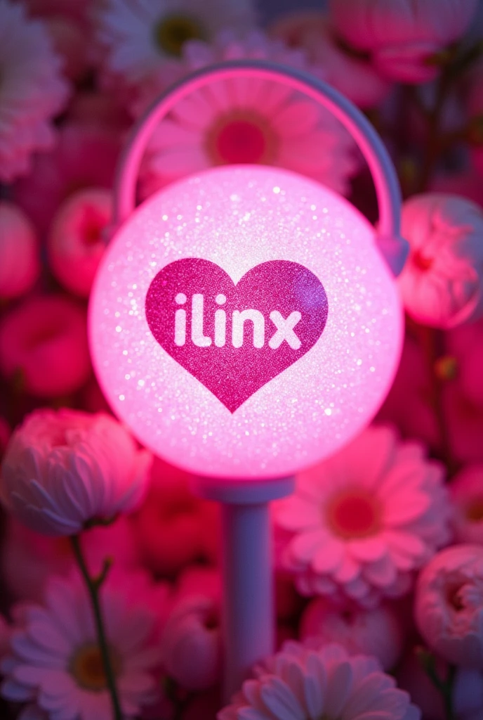 A pink kpop lightstick with round glitter with a handle to hold it similar to the one from Kiss of life and with the word Ilinx inside and some flowers. Nice.