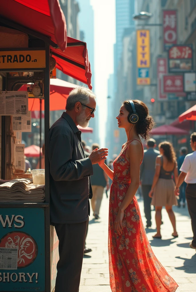 A newspaper vendor on the street, promoting the newspaper news,, Next to him an attractive girl in a dress looking at the newspaper and using headphones