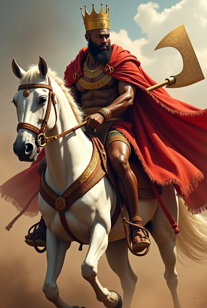 Muscular African man with golden crown and red king cape with double axe in hand riding a white horse full body