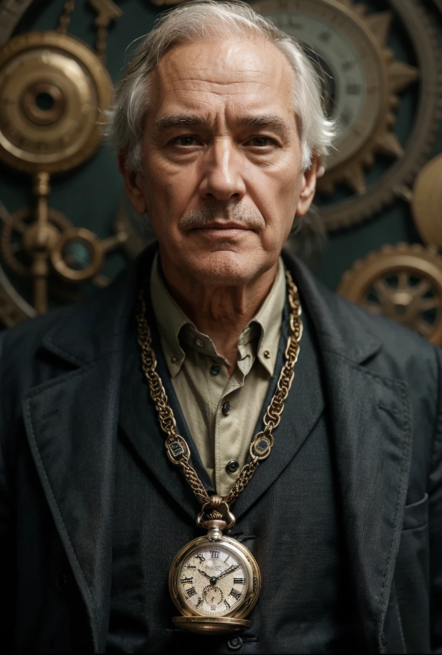 Pocket watch with ultra-high definition chain, close-up of chest of elderly man wearing pocket watch, bitcoin symbol