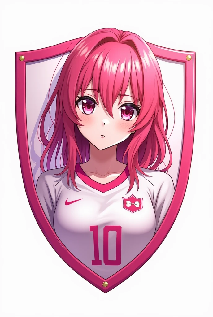 A shield for football, with white and pink colors, with an anime woman , the background is white to convert it to png