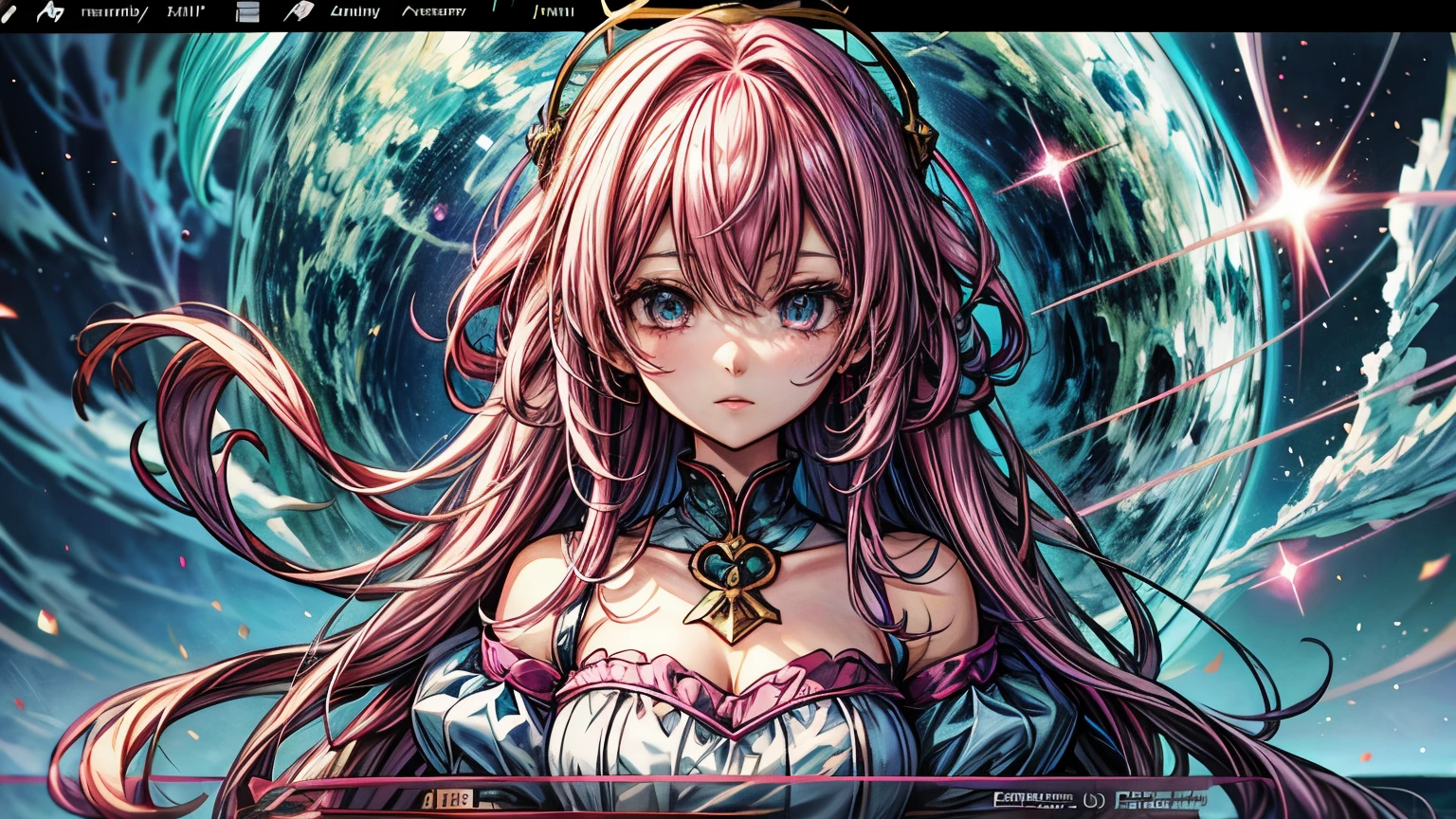 Anime girl with pink hair and blue eyes wearing a blue dress., portrait, Knights of the Zodiac, , detailed digital animated art, 4K anime style, Pink hair and cyan eyes., anime art wallpaper 8k, anime girl with cosmic hair, hermoso portrait animado, Arte Zerochan, anime art wallpaper 4k, anime art wallpaper 4k, digital animated art