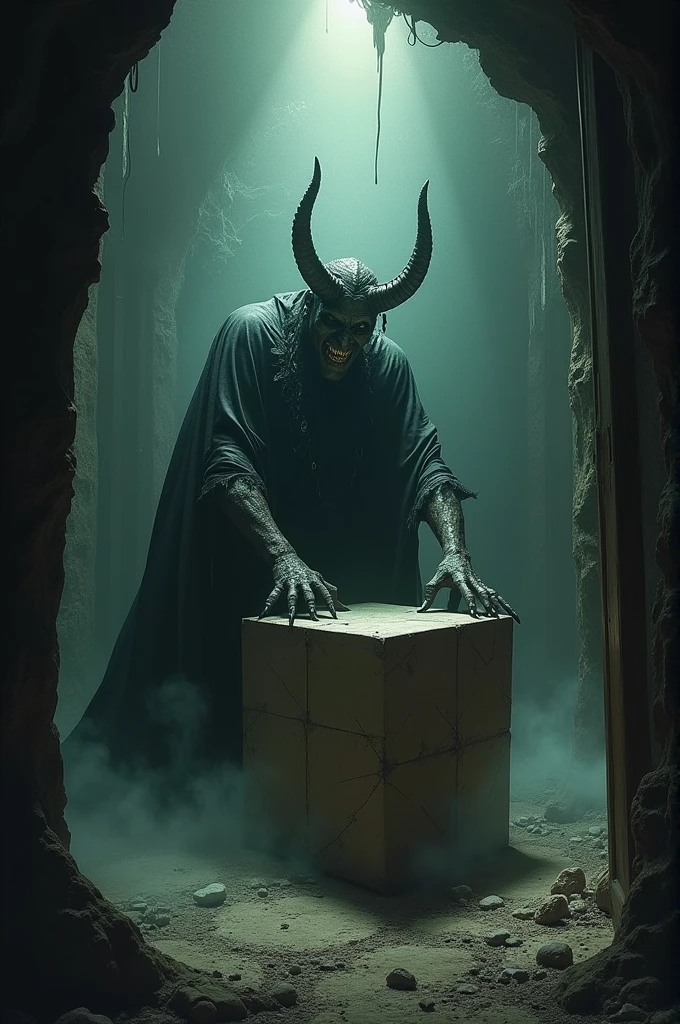 The devil taking a cube from a room