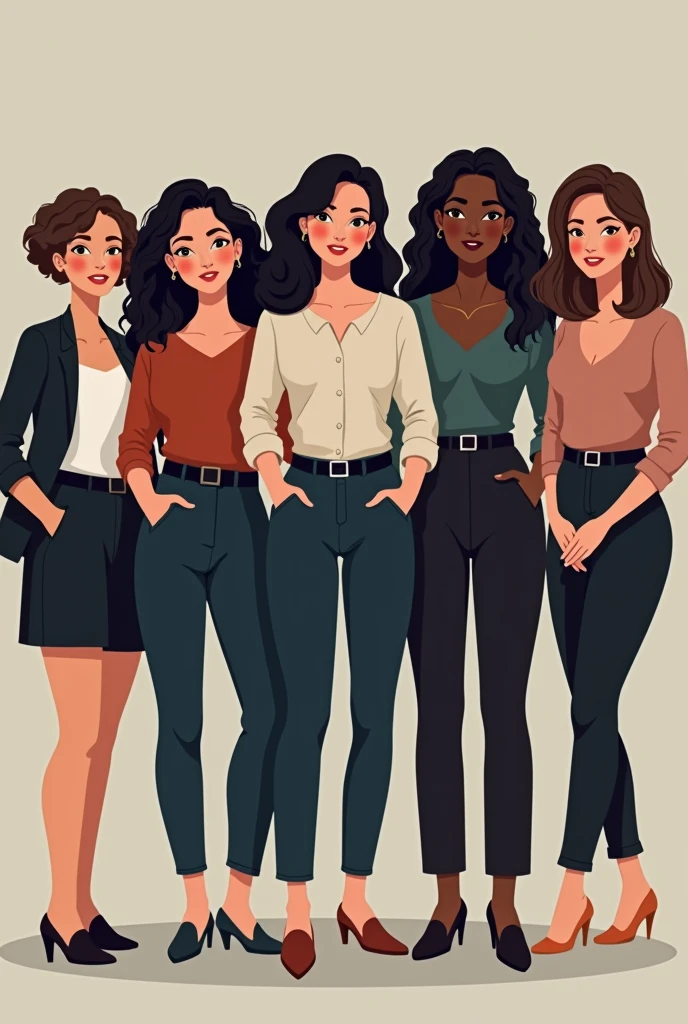 Legal team formed by 6 people side by side, They are: a woman of short stature, skin fair, short curly dark brown hair, SOCIAL CLOTHES; uma mulher de estatura média de skin fair, long dark brown wavy hair, SOCIAL CLOTHES; uma mulher de estatura média de skin fair, LONG STRAIGHT BLACK HAIR, SOCIAL CLOTHES; uma mulher de estatura média de skin fair, more full-bodied, LONG STRAIGHT BLACK HAIR, SOCIAL CLOTHES; a woman of average height with brown skin, medium wavy dark brown hair, SOCIAL CLOTHES; a woman of average height with brown skin, medium wavy light brown hair, SOCIAL CLOTHES.