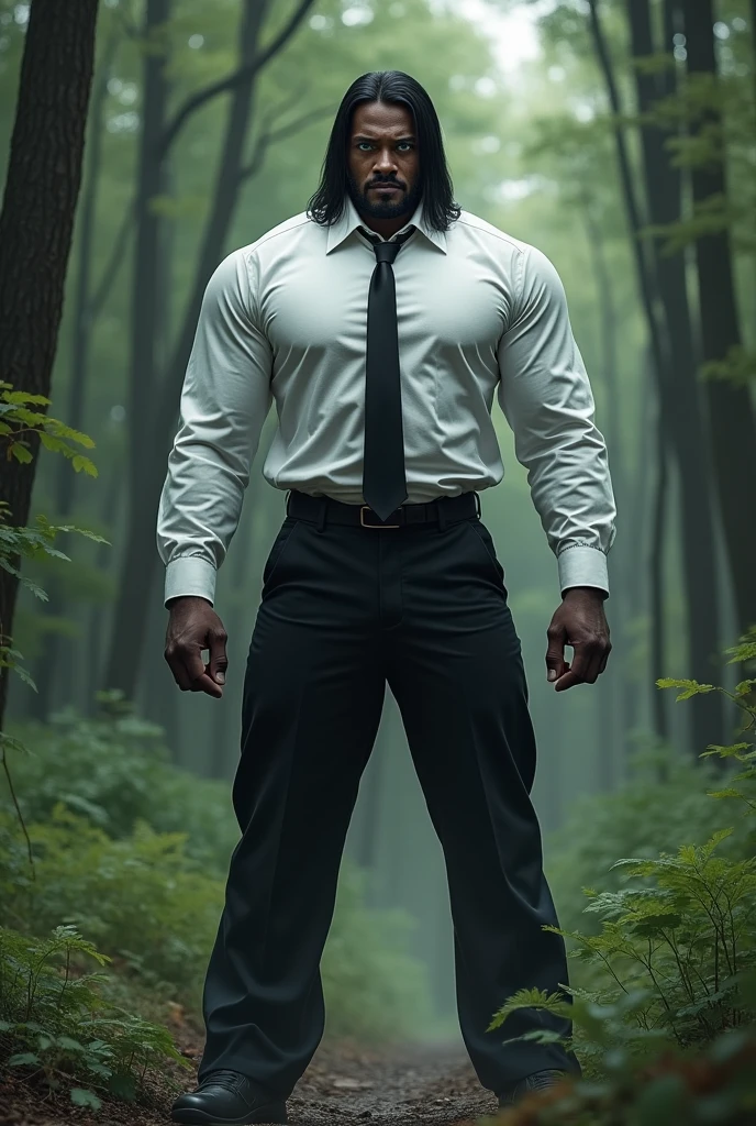 I am a forest demolisher I am wearing formal clothing white shirt black pants straight dark hair blue eyes black skin brown