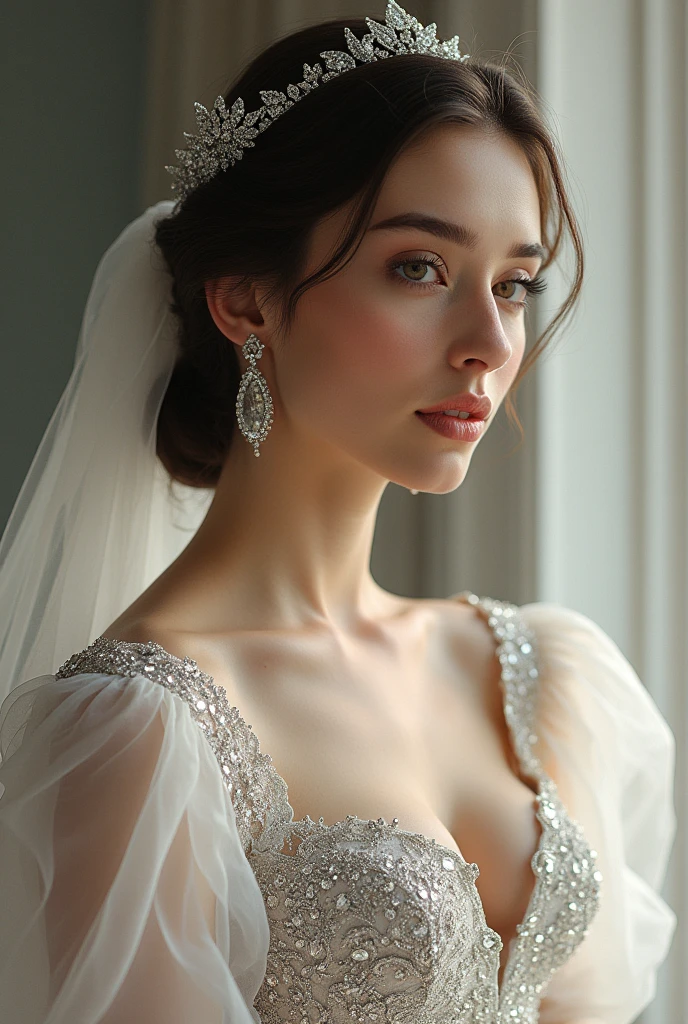 36k, portrait of Piper Perabo, wearing veil bride tiara costume, against the background of a mirror, character portrait, 3 9 9 0 s, short hair, intricate, elegant, highly detailed, digital painting, artstation, concept art, smooth, sharp focus, illustration, art by wlop, charlie bowater and alexandra fomina, nude breasts