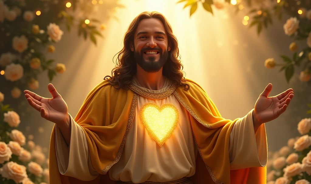 Ultra realistic Christ smiling with a loving face with his hands in a gesture of welcoming the viewer with open arms, chic wet velvet gold cape. his heart is ultra radiant, loving, shining eyes to the viewer, of light to convey depth and white rose garden background, many lights coming from the sky