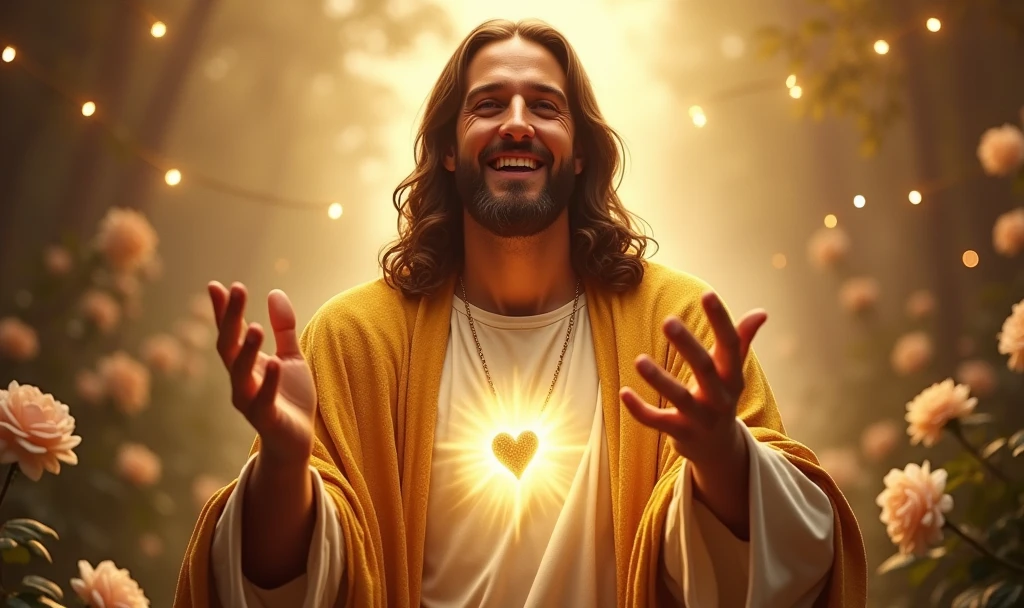 Ultra realistic Christ smiling with a loving face with his hands in a gesture of welcoming the viewer with open arms, chic wet velvet gold cape. his heart is ultra radiant, loving, shining eyes to the viewer, of light to convey depth and white rose garden background, many lights coming from the sky