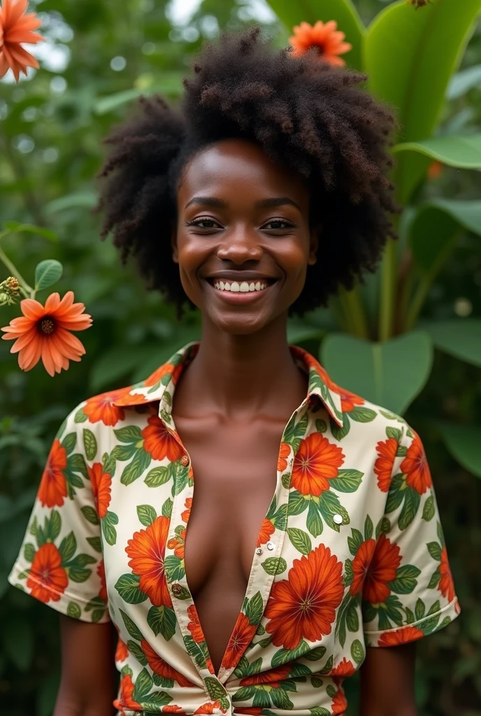 A Mozambican woman in a lush tropical garden, wearing an open shirt with a floral print, with a close-up capturing the harmonious beauty between her breasts and the natural flowers, showing off your natural charm and outgoing personality.