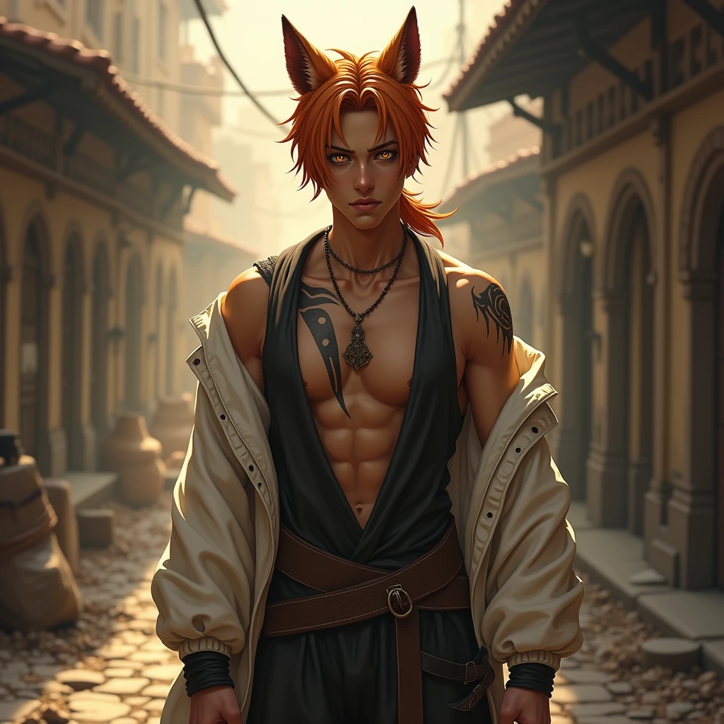 handsome skinny tall 1 boy with orange medium hair and lower ponytail and yellow eyes and fox ears, brown skin, navel cutout, tribal tattoo, off shoulder white jacket, black sleeveless shirts with crossed body leather belt, leather sandal, necklace, standing on the messy backstreet of medieval city, sunlight, soft focus, high quality, realistic background, adding depth and richness to the scene