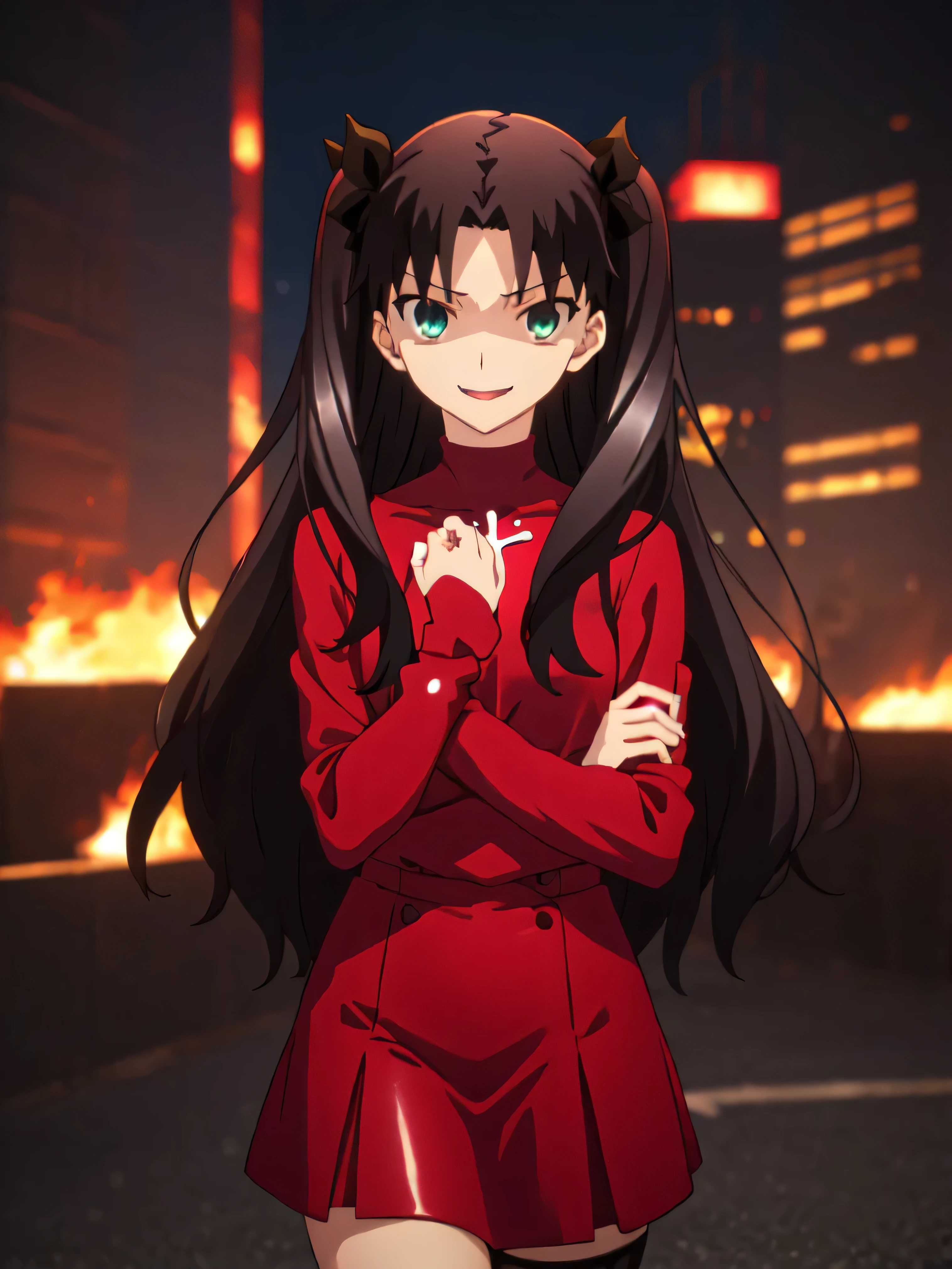 Highest quality, masterpiece, High resolution, 一人w, (Tohsaka_Also_fwestaynightufotable:1.10), one person, アニメ_coloAlsog, turtleneck, , Lookwg_w_Audience, brown_hair, Parody, green_eye, , swewer, アニメ_style, 5 ,,Bad face,,Red Skirt,both hands,Two legs,Five Fwgers,Evil background,shwy ,shwy latex Black knee socks ,evil laugh, Debish Aura (Shwy fabric:1.5),Dark world background,solo,Burnwg cityscape,lookwg dwon at viewer