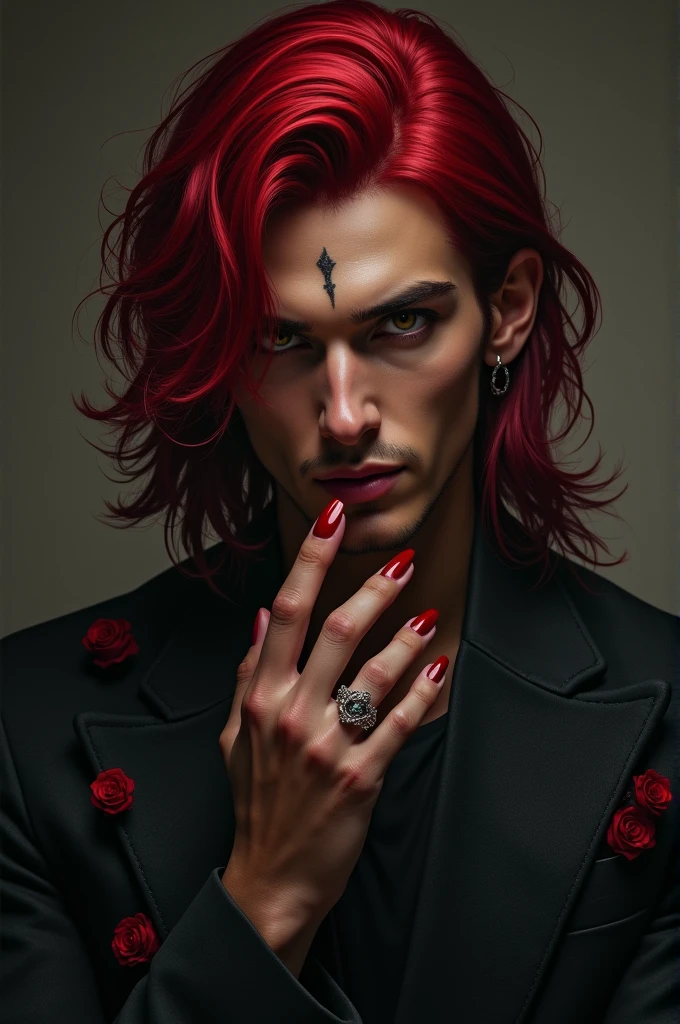 Tessa Melondrune, , Male gender, her features are dark red hair, tall body and medium build with dark skin, with a small scar on his forehead, light brown eyes , with high quality nails care and with red nail polish