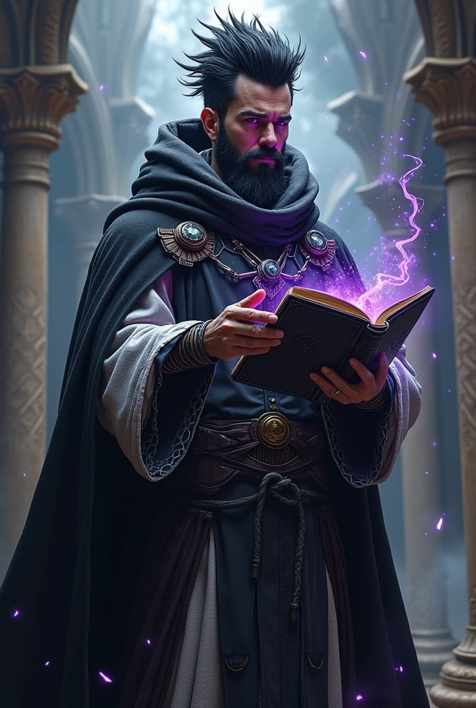 A man, technological wizard, spiky black hair, dark purple eyes, drawn beard, using a technological grimoire, wizard clothes with a technological twist, mixing the colors black, branco e roxo