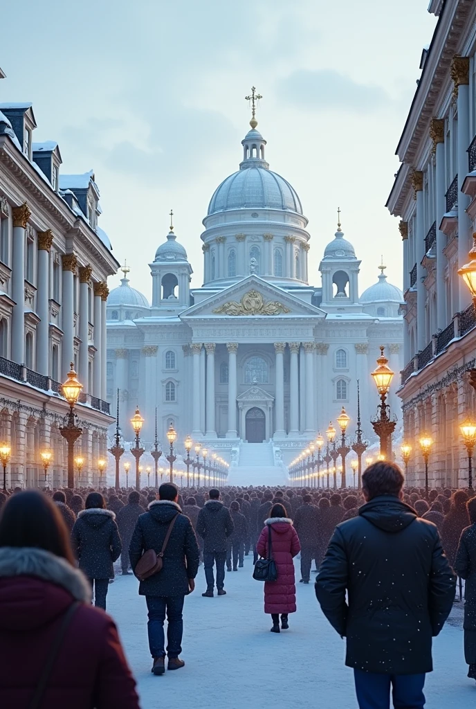 An urban landscape in St. Petersburg. The opulence of the Russian winter is seen with snow covering the streets. A crowd gathers in front of the Winter Palace

