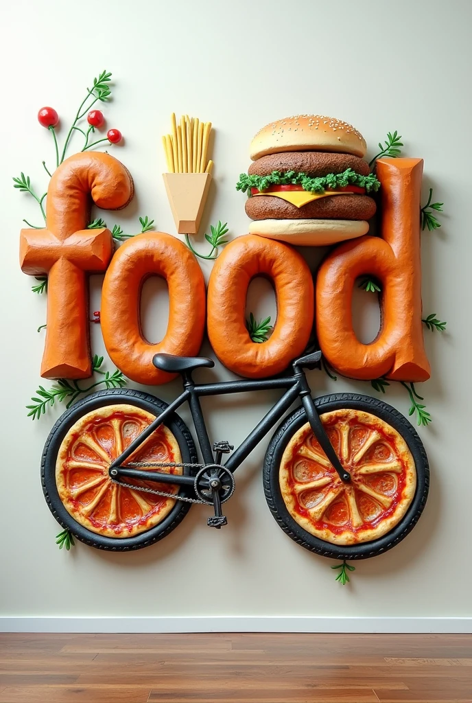Make a wall sculpture written food on it and f in food is on the French fries double o are the tires of the cycle in which there is pizza instead of tires and d represents burger