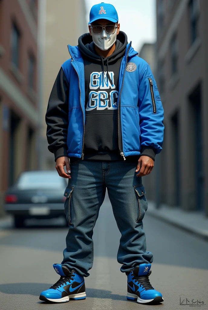 male character, with blue cap, white mask, blue gin gang chest, Jeans and blue and black basketball shoes