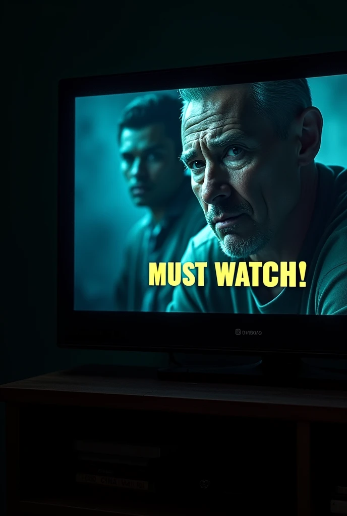 A dramatic close-up of a TV screen showing a preview clip from ‘Bad Monkey,’ with exaggerated, suspenseful lighting and bold text overlay saying “Must Watch!” --ar 9:16