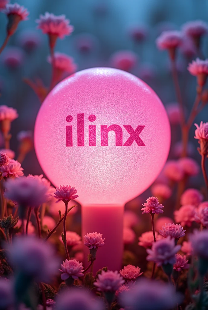 A pink glitter kpop lightstick with a handle to hold it and round similar to the one from Kiss of life and with the word Ilinx inside and some flowers
