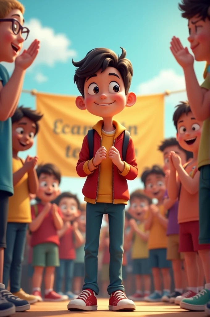 Prompt: Ali receiving an award or certificate at school, standing proudly with a big smile. His fellow students and teachers are clapping, and the background shows a simple stage with a banner celebrating academic achievements. Ali’s face reflects his joy and the realization of his efforts paying off.