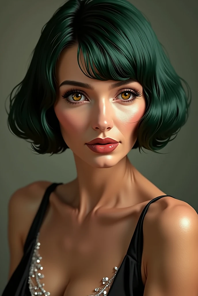 portrait, Beautiful mature woman 60 years old, a milf, , a little stretching,  An old face, slightly saggy cheeks, dark green hair bob hairstyle, big eyes, Plump lips, Pink eyes, chubby cheeks, chin without bone

