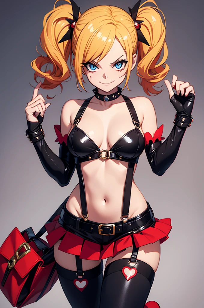 Visualize a gender-swapped Sanji from *One Piece* as a striking and playful Harley Quinn. She has her signature blonde hair styled in two high pigtails, each with alternating red and black sections to match Harley Quinn’s iconic look. Her bright blue eyes are vibrant and mischievous, capturing Harley Quinn's rebellious spirit.
She is dressed in a dynamic and edgy Harley Quinn-inspired outfit:
- **Top:** A red and black cropped top or bodysuit with diamond patterns, reflecting Harley Quinn’s classic jester look. The top might be split down the middle, with one side red and the other black, featuring contrasting details like white frills or a playful emblem.
- **Bottoms:** A pair of matching high-waisted shorts or a mini skirt in red and black, with playful elements like suspenders or a belt with oversized buckles. The bottoms are designed to be eye-catching and bold, fitting Harley Quinn’s flamboyant style.
- **Footwear:** Bold, knee-high boots or high-top sneakers with red and black accents. The footwear might feature intricate details such as studs or laces, adding to the edgy vibe of the outfit.
- **Accessories:** Sanji could be wearing a pair of mismatched, oversized gloves—one red and one black—with a playful touch like white frills or star patterns. A small, dramatic accessory like a jester’s hat or a choker adds to the Harley Quinn theme. She might also hold a prop like a bat or a small, quirky handbag.
Sanji’s pose is energetic and confident, perhaps striking a playful or mischievous stance, with one hand on her hip and the other holding a prop. Her expression is lively and cheeky, with a wide smile that reflects Harley Quinn’s unpredictable and charismatic nature.
The background could be a vibrant, chaotic setting reminiscent of Harley Quinn’s world, such as a carnival or an urban alleyway, enhancing the playful and edgy atmosphere. The image should highlight Sanji’s transformation into Harley Quinn with high attention to detail, ensuring a visually cap