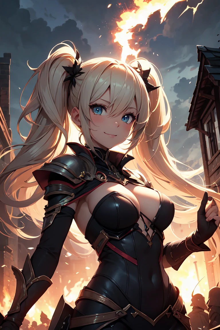 ((masterpiece)), ((best quality)), (ultra-detailed), (kawaii), cute, (sexy), ((extremely detailed)), 4K, (8K), best quality, (beautiful), illustration, upper body, a cute girl, (girl’s sorceress), in epic battle against monstrous, creatures wielding elemental magic, casting fireballs, summoning lightning, fierce determination, stormy skies, smile, twintails, (beautiful hair), (beautiful eyes), cinematic lighting, spotlight, hard shadows,
