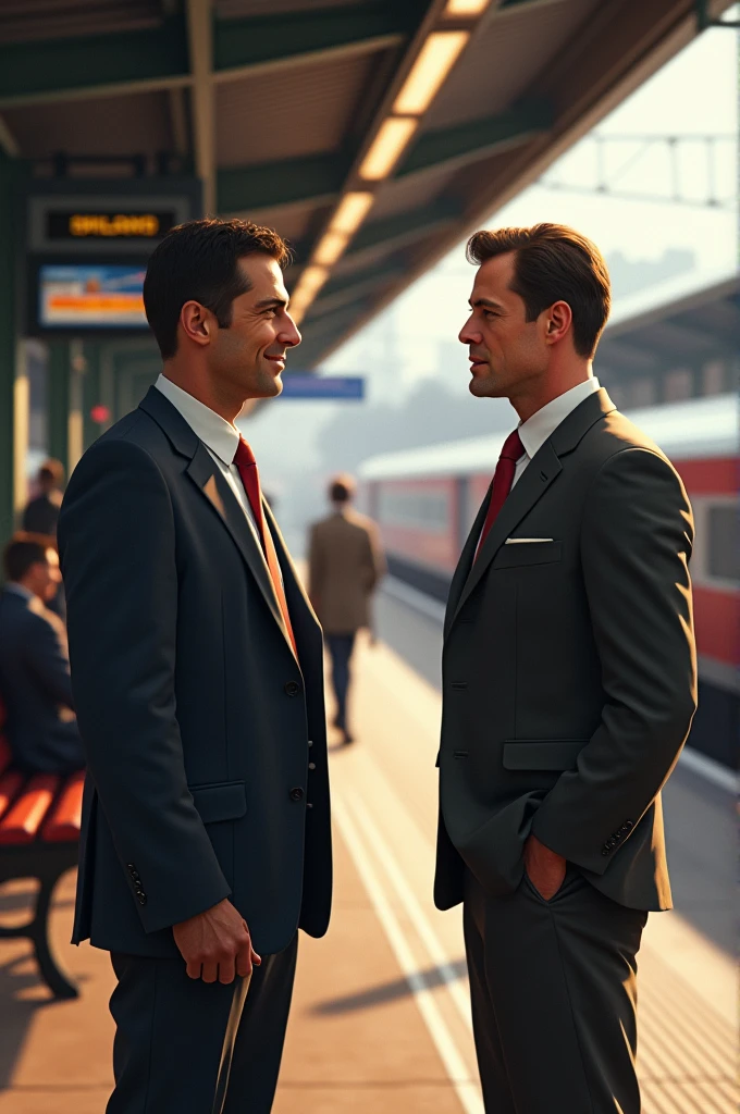 Two men talking on a platform