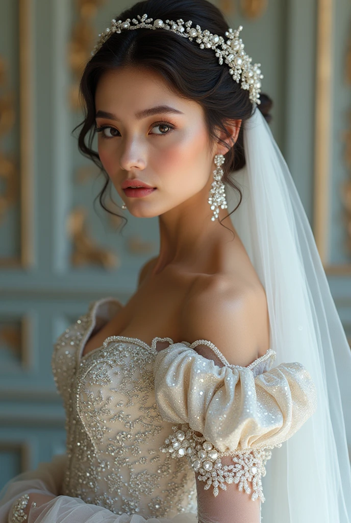 European woman model with hairstyle and veil wearing extremely luxurious diamond embroidered puff sleeve wedding dress.