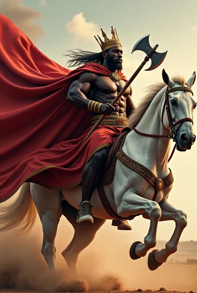 Muscular African man with golden crown and red king cape with double axe in hand riding a white horse full body 