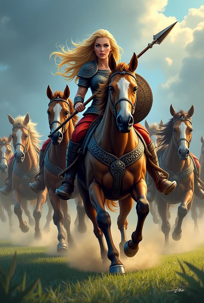 Football logo blonde viking woman and horses running