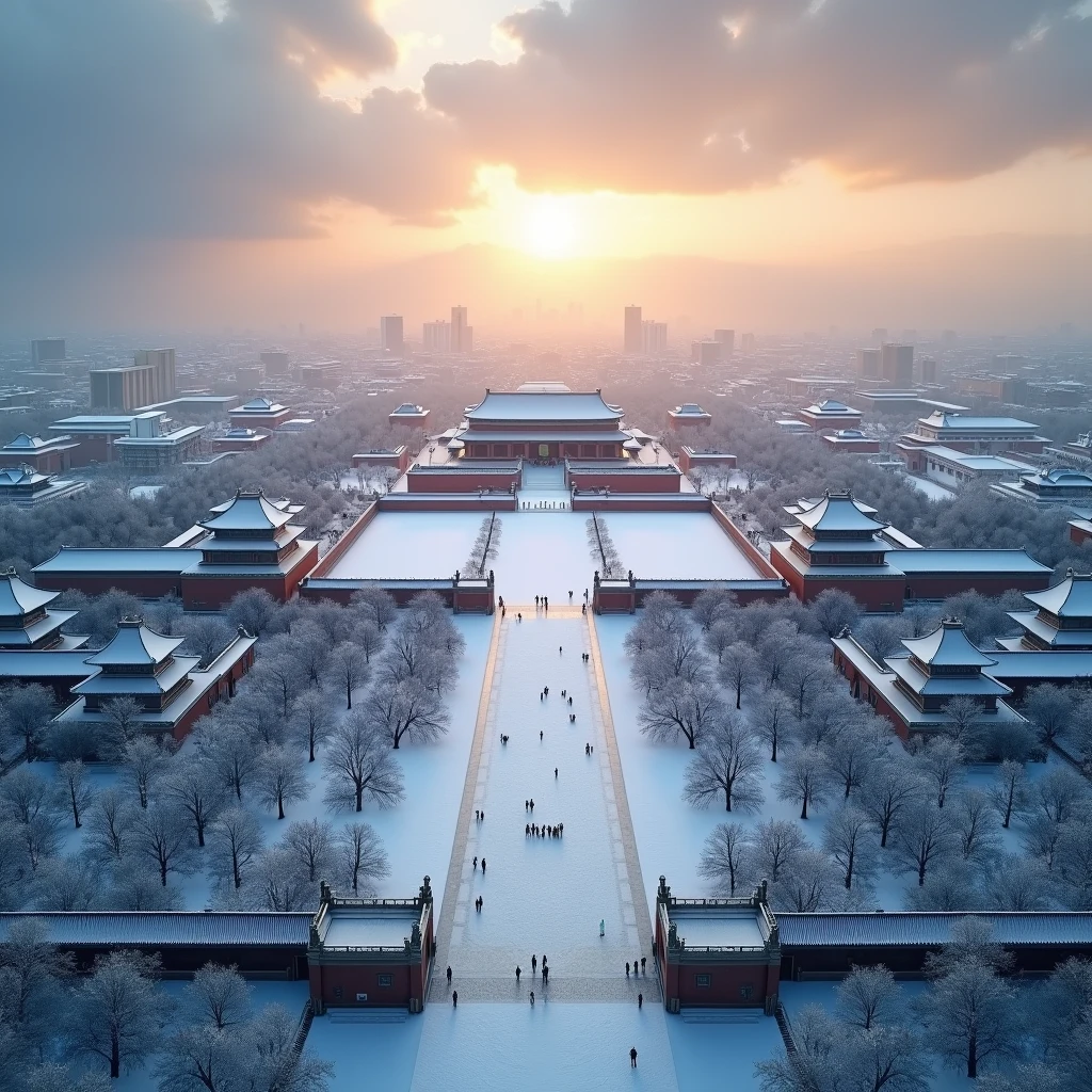 A stunning aerial view of snow-capped Square in Beijing, a magnificent winter scene, detailed snow-covered landscape, expansive square, historic architecture, dramatic lighting, cinematic composition, vivid colors, atmospheric haze, serene and peaceful atmosphere, (best quality,8k,highres,masterpiece:1.2),ultra-detailed,(realistic,photorealistic,photo-realistic:1.37),landscape,winter,cityscape,architectural,cinematic,dramatic lighting,atmospheric