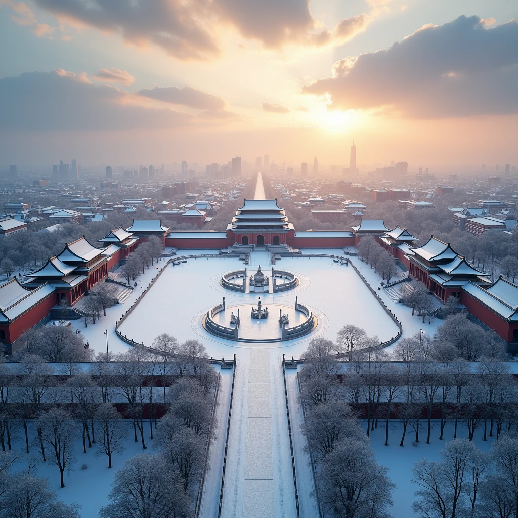 A stunning aerial view of snow-capped Square in Beijing, a magnificent winter scene, detailed snow-covered landscape, expansive square, historic architecture, dramatic lighting, cinematic composition, vivid colors, atmospheric haze, serene and peaceful atmosphere, (best quality,8k,highres,masterpiece:1.2),ultra-detailed,(realistic,photorealistic,photo-realistic:1.37),landscape,winter,cityscape,architectural,cinematic,dramatic lighting,atmospheric