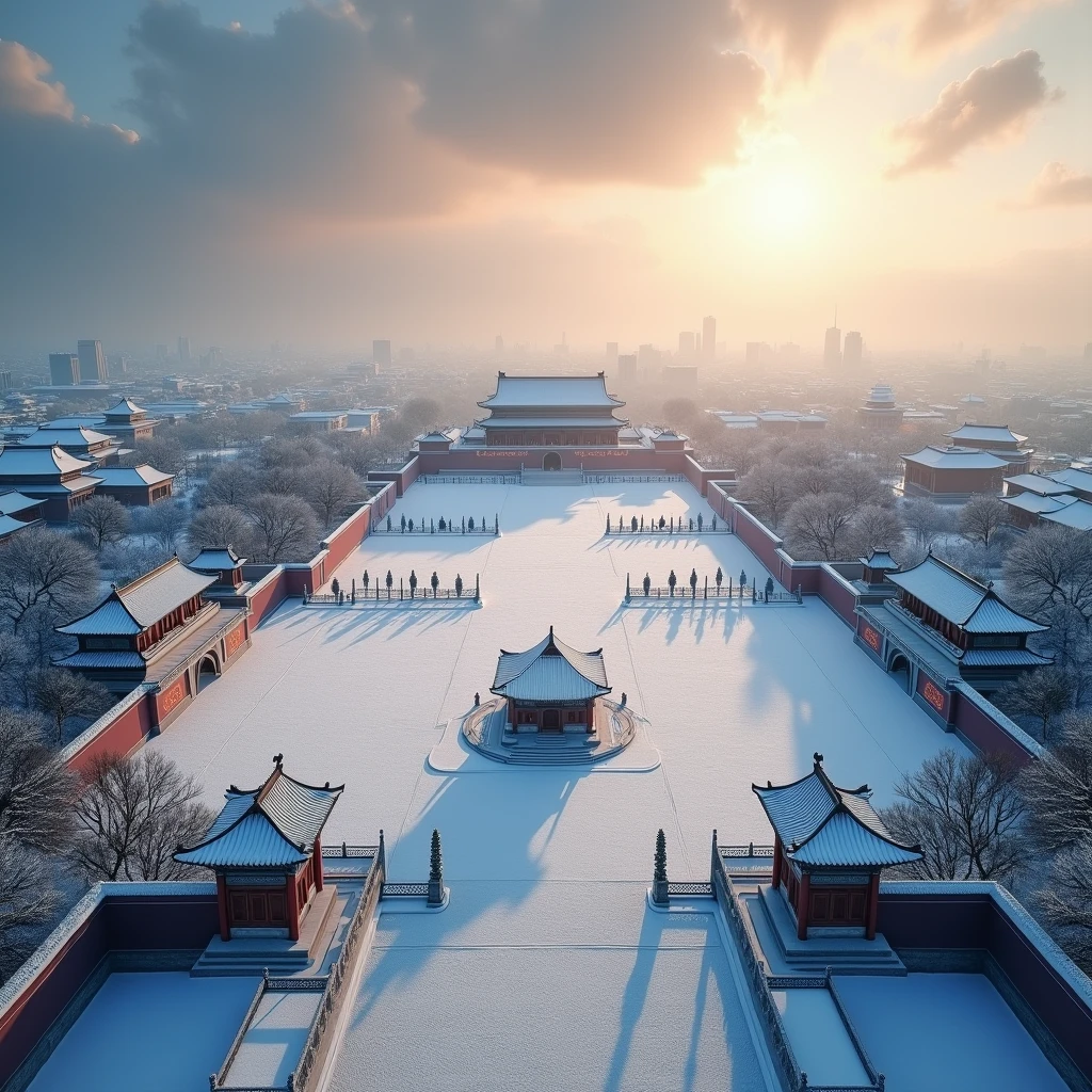 A stunning aerial view of snow-capped Square in Beijing, a magnificent winter scene, detailed snow-covered landscape, expansive square, historic architecture, dramatic lighting, cinematic composition, vivid colors, atmospheric haze, serene and peaceful atmosphere, (best quality,8k,highres,masterpiece:1.2),ultra-detailed,(realistic,photorealistic,photo-realistic:1.37),landscape,winter,cityscape,architectural,cinematic,dramatic lighting,atmospheric