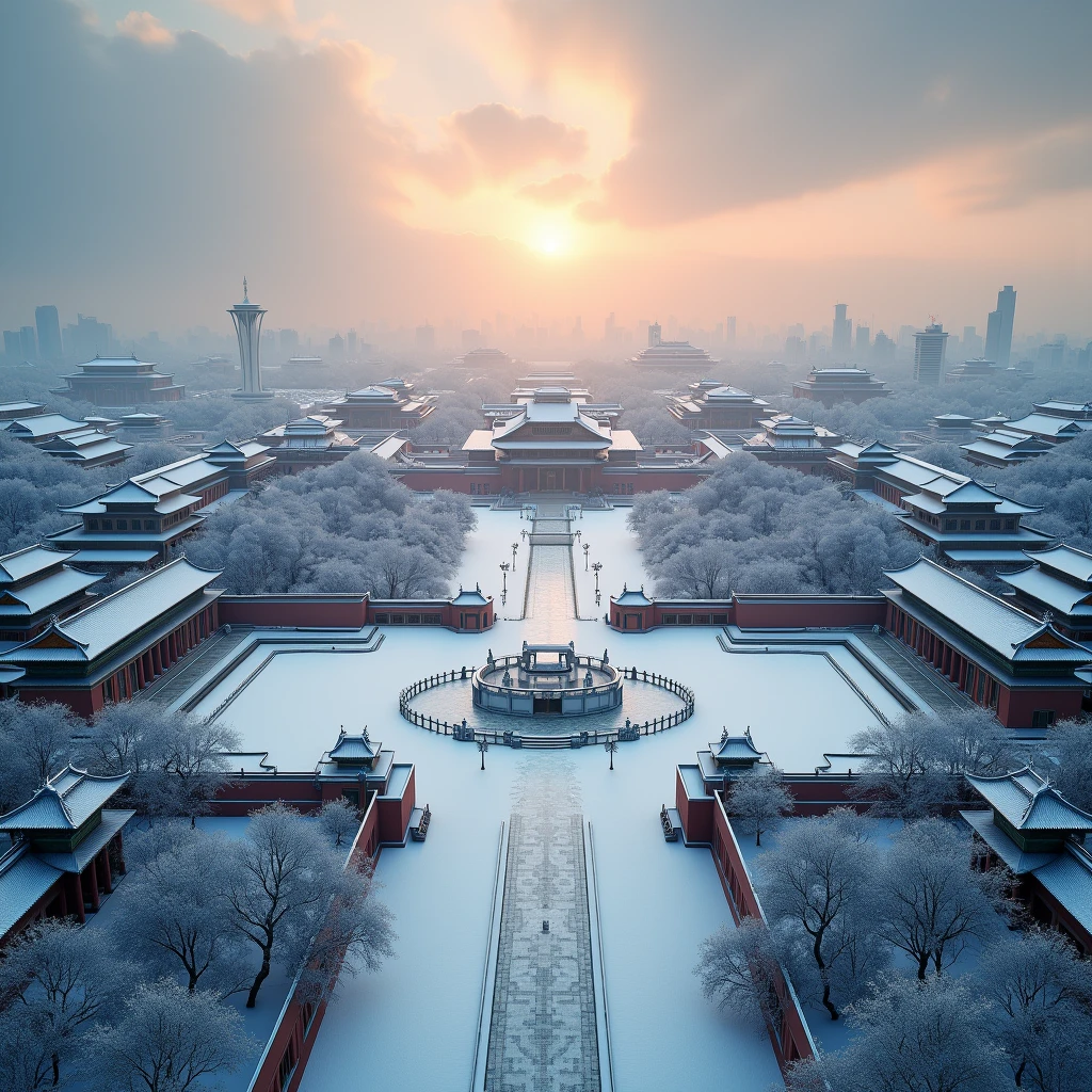 A stunning aerial view of snow-capped  Square in Beijing, a magnificent winter scene, detailed snow-covered landscape, expansive square, historic architecture, dramatic lighting, cinematic composition, vivid colors, atmospheric haze, serene and peaceful atmosphere, (best quality,8k,highres,masterpiece:1.2),ultra-detailed,(realistic,photorealistic,photo-realistic:1.37),landscape,winter,cityscape,architectural,cinematic,dramatic lighting,atmospheric