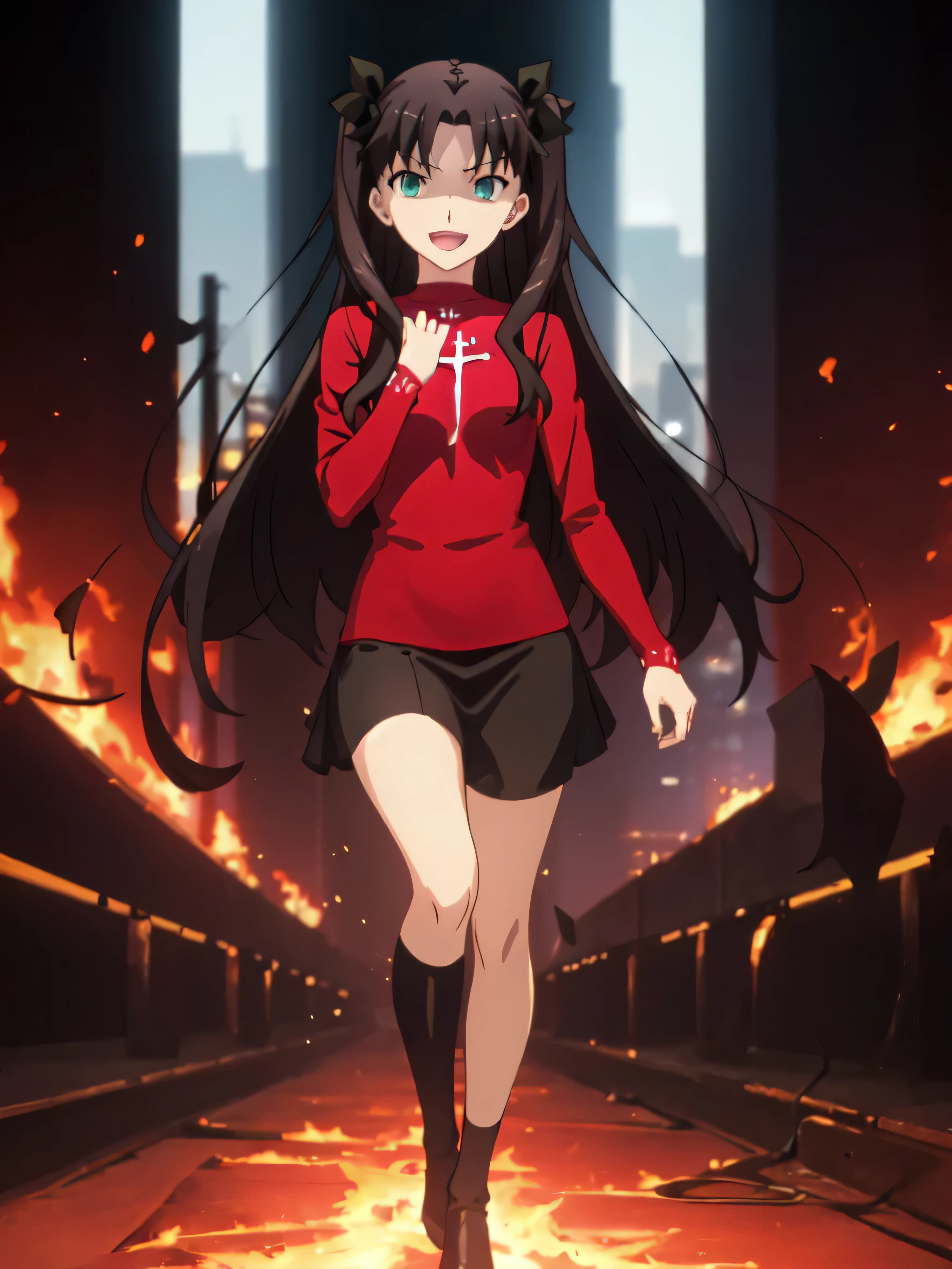 Highest quality, masterpiece, High resolution, 一人w, (Tohsaka_Also_fwestaynightufotable:1.10), one person, アニメ_coloAlsog, turtleneck, , Lookwg_w_Audience, brown_hair, Parody, green_eye, , swewer, アニメ_style, 5 ,,Bad face,,Red Skirt,both hands,Two legs,Five Fwgers,Evil background,shwy ,shwy latex Black knee socks ,evil laugh, Debish Aura (Shwy fabric:1.5),Dark world background,solo,Burnwg cityscape,lookwg dwon at viewer