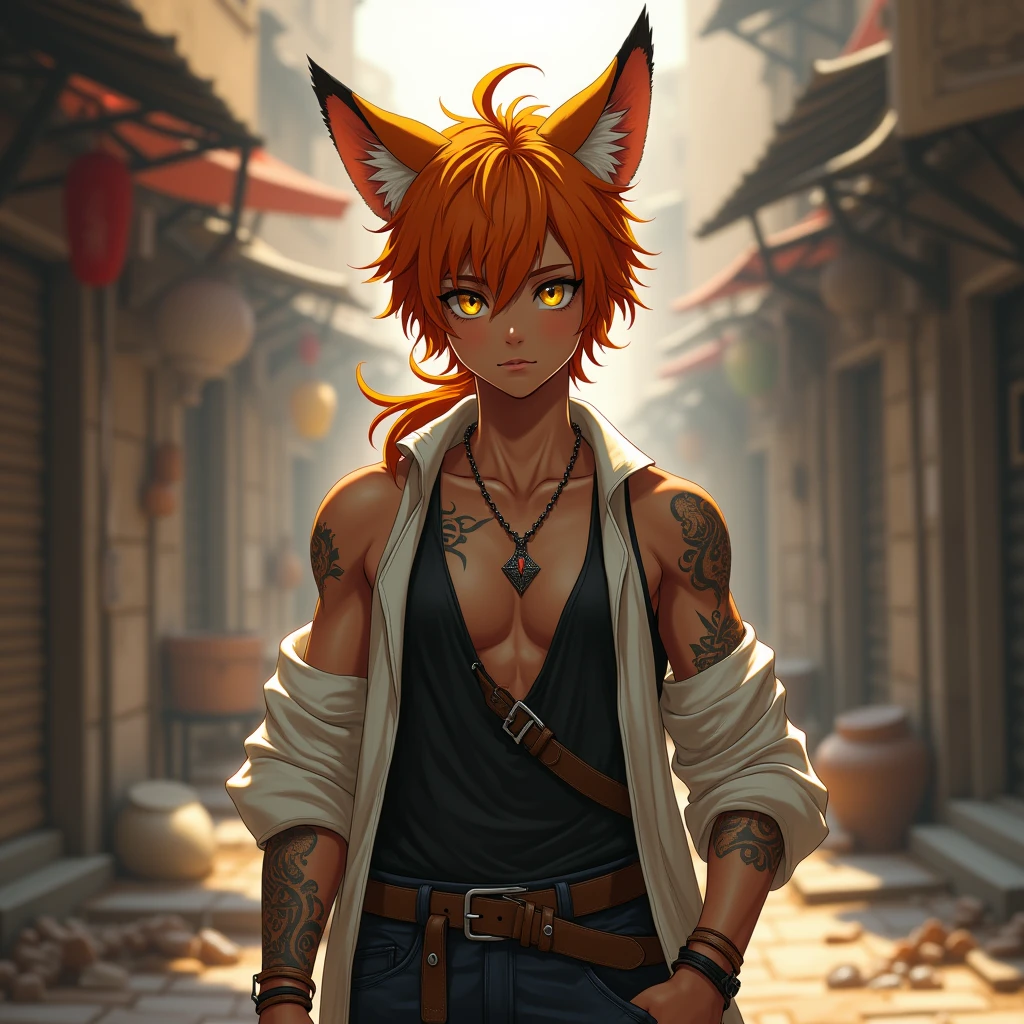 handsome 15yrs old 1 boy with orange medium hair and lower ponytail and yellow eyes and fox ears, brown skin, navel cutout, tribal tattoo, off shoulder white jacket, black sleeveless shirts with crossed body leather belt, leather sandal, necklace, standing on the messy backstreet of medieval city, sunlight, soft focus, high quality, realistic background, adding depth and richness to the scene