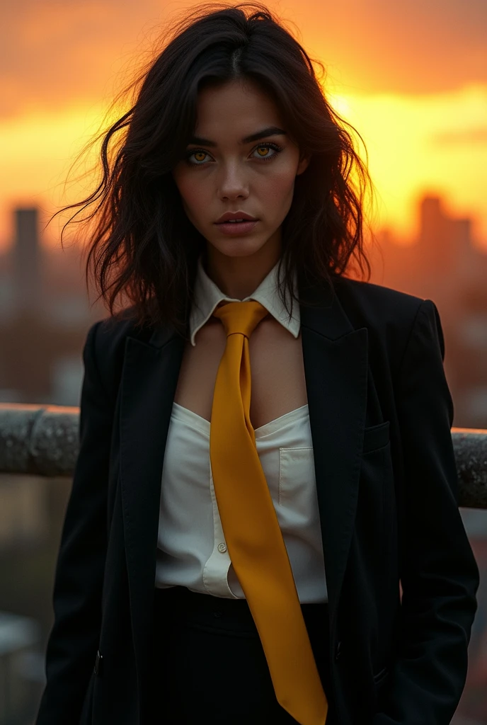 1 girl, intricate detail, masterpiece, Best Quality, extremely detailed,cinematic lighting, beautiful detailed glitter, Beautiful face and finely detailed eyes., 8k, dark and intense shadows, yellow eyes, medium hair, dark hair, hits, by the floating, black jacket, open jacket, White shirt, expressionless, yellow tie, black skirt, Stand out, Sun light, sunrise, gradient sky, city, Lens flare, cowboy shot, [[curves]], [mature woman], Portrait Sophie Mudd, thick neck, 1 Female model, latina, angelablanca, Violet Myers, 2, 2, profile picture, italian, italian latina, Alycia Debnam-Carey, hazel eyes,