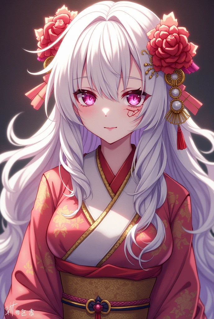 Albine women, pink-eyed, heart shaped pupils, long wavy hair, White color, wears a black kimono with gold, He has a scar on his right eye. The anime Kimetsu no Yaiba, anime, She is very extravagant wearing beautiful detailing on her updo hair.