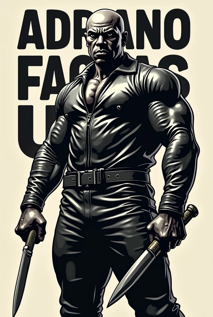 Make a logo with the words Adriano facas uvas in large visible Portuguese .
With a bald and strong black ferrero wearing a leather jumpsuit holding a knife in one hand and a hammer in the other