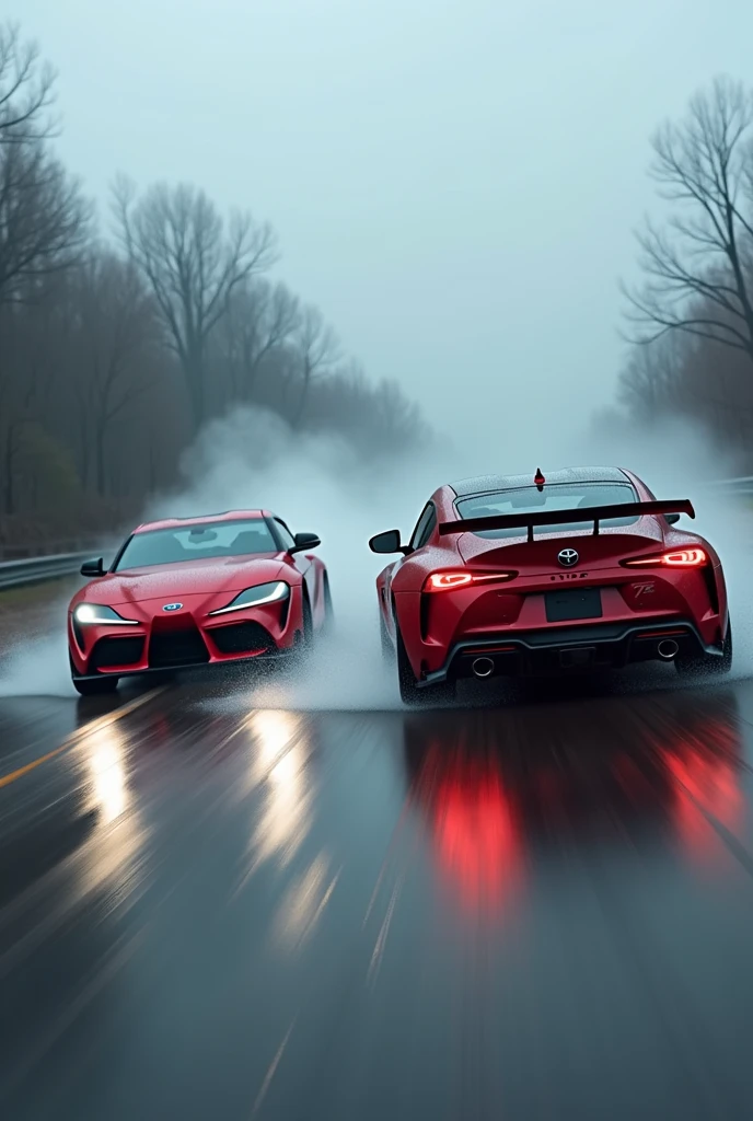 Two cars on way racing one is supra one is bmw m4 in rain bmw m4 is drifting