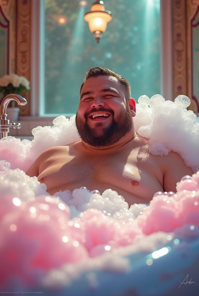 A handsome fat gay man smiling in a bubble bath in a bathroom like Barbie playing with soap bubbles