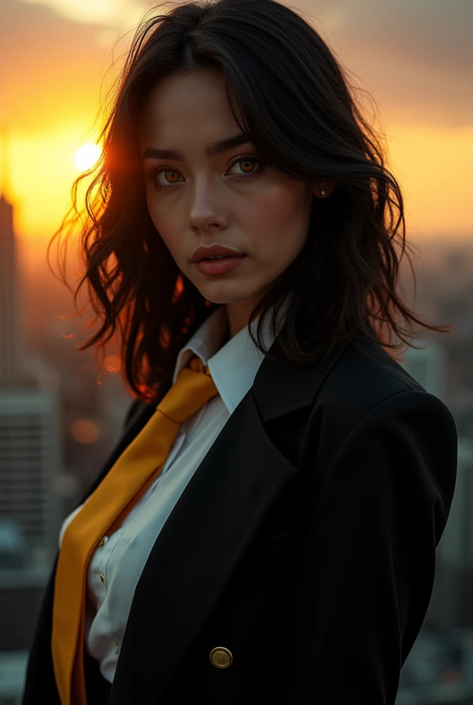 1 girl, intricate detail, masterpiece, Best Quality, extremely detailed,cinematic lighting, beautiful detailed glitter, Beautiful face and finely detailed eyes., 8k, dark and intense shadows, yellow eyes, medium hair, dark hair, hits, by the floating, black jacket, open jacket, White shirt, expressionless, yellow tie, black skirt, Stand out, Sun light, sunrise, gradient sky, city, Lens flare, cowboy shot, [[curves]], [mature woman], Portrait Sophie Mudd, thick neck, 1 Female model, latina, angelablanca, Violet Myers, 2, 2, profile picture, italian, italian latina, Alycia Debnam-Carey, hazel eyes,