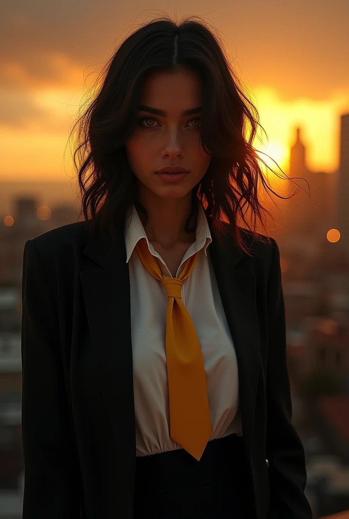 1 girl, intricate detail, masterpiece, Best Quality, extremely detailed,cinematic lighting, beautiful detailed glitter, Beautiful face and finely detailed eyes., 8k, dark and intense shadows, yellow eyes, medium hair, dark hair, hits, by the floating, black jacket, open jacket, White shirt, expressionless, yellow tie, black skirt, Stand out, Sun light, sunrise, gradient sky, city, Lens flare, cowboy shot, [[curves]], [mature woman], Portrait Sophie Mudd, thick neck, 1 Female model, latina, angelablanca, Violet Myers, 2, 2, profile picture, italian, italian latina, Alycia Debnam-Carey, hazel eyes,