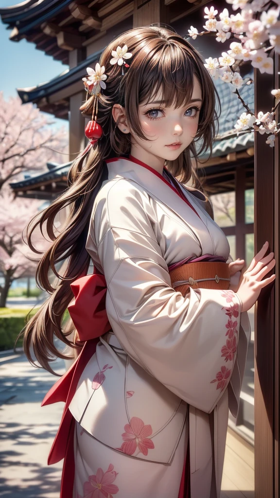 (kimono)、Japanese clothing、(highest quality,masterpiece:1.3,超A high resolution,),(Super detailed,caustics),(Photoreal:1.4,RAW shooting,)ultra-realistic capture,very detailed,High resolution 16K suitable for human skin、cute顔、１６talent、、 natural skin texture、anime style、Skin tone looks even and healthy、 Use natural light and color,one woman,Japanese,,cute,beautiful silky brown hair,middle hair,(Depth of written boundary、chromatic aberration、wide lighting range、natural shading、)、(hair swaying in the wind:1.3)、(Cherry tree in full bloom:1.3)、Yoshino cherry tree、The beautiful city of Kyoto