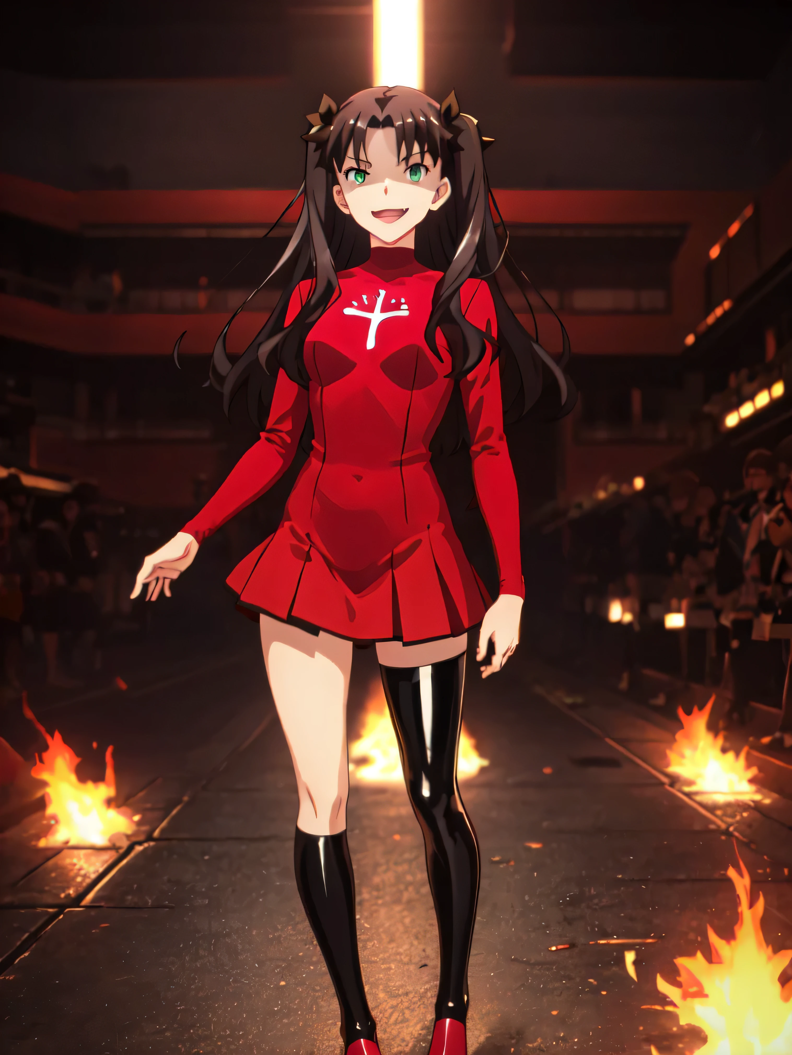 Highest quality, masterpiece, High resolution, 一人w, (Tohsaka_Also_fwestaynightufotable:1.10), one person, アニメ_coloAlsog, turtleneck, , Lookwg_w_Audience, brown_hair, Parody, green_eye, , swewer, アニメ_style, 5 ,,Bad face,,Red Skirt,both hands,Two legs,Five Fwgers,Evil background,shwy ,shwy latex Black thighhigh socks ,evil laugh, Debish Aura (Shwy fabric:1.5),Dark world background,solo,Burnwg cityscape,lookwg dwon at viewer
