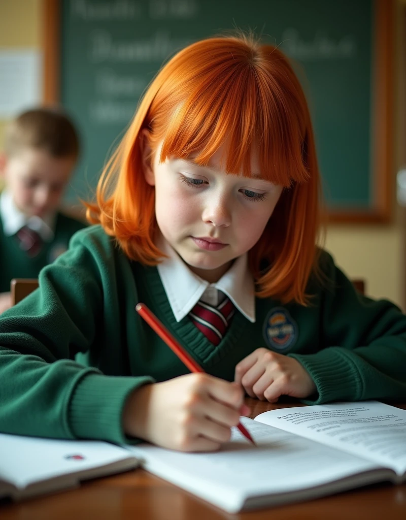 Developing cultural and intellectual skills, education according to the curricula prescribed for students ,  receiving information in the classroom, a close-up picture of a   student  with  ginger hair ,  wearing a  green uniform  sitting on a school desk, performing school assignments