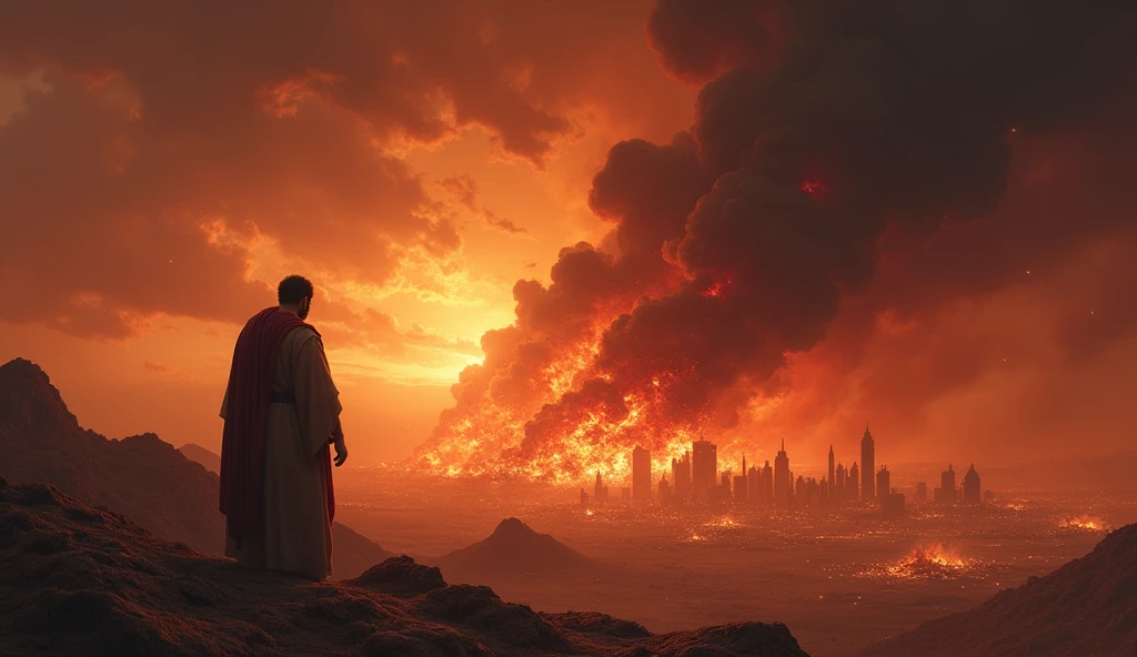 A dramatic representation of the destruction of Sodom and Gomorrah, with fire and smoke in the sky. The image portrays the intensity of the event, with Abraham in the background, looking sadly. The colors are warm and dark, with lots of red and black.